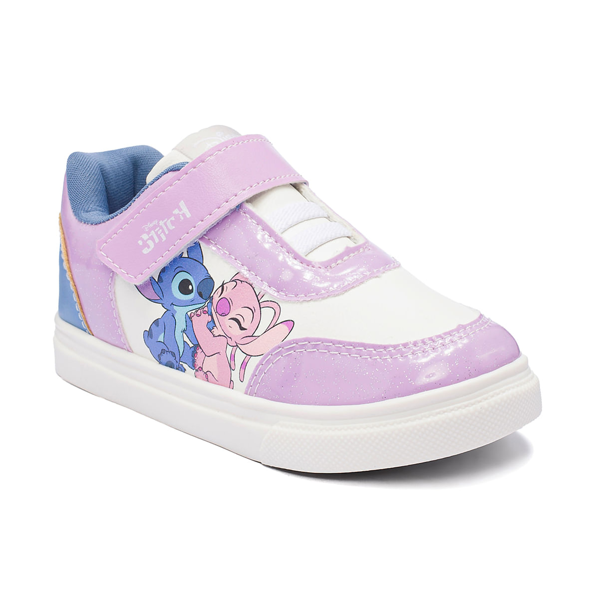 Tênis infantil Disney Stitch vista lateral com detalhes coloridos e fechamento em velcro